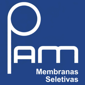Logo da PAM Membranas Seletivas em branco sobre fundo azul institucional representando tecnologia em filtração por membranas
