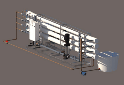 Projeto técnico em 3D de sistema de nanofiltração em skid desenvolvido pela PAM para processos industriais e ambientais.