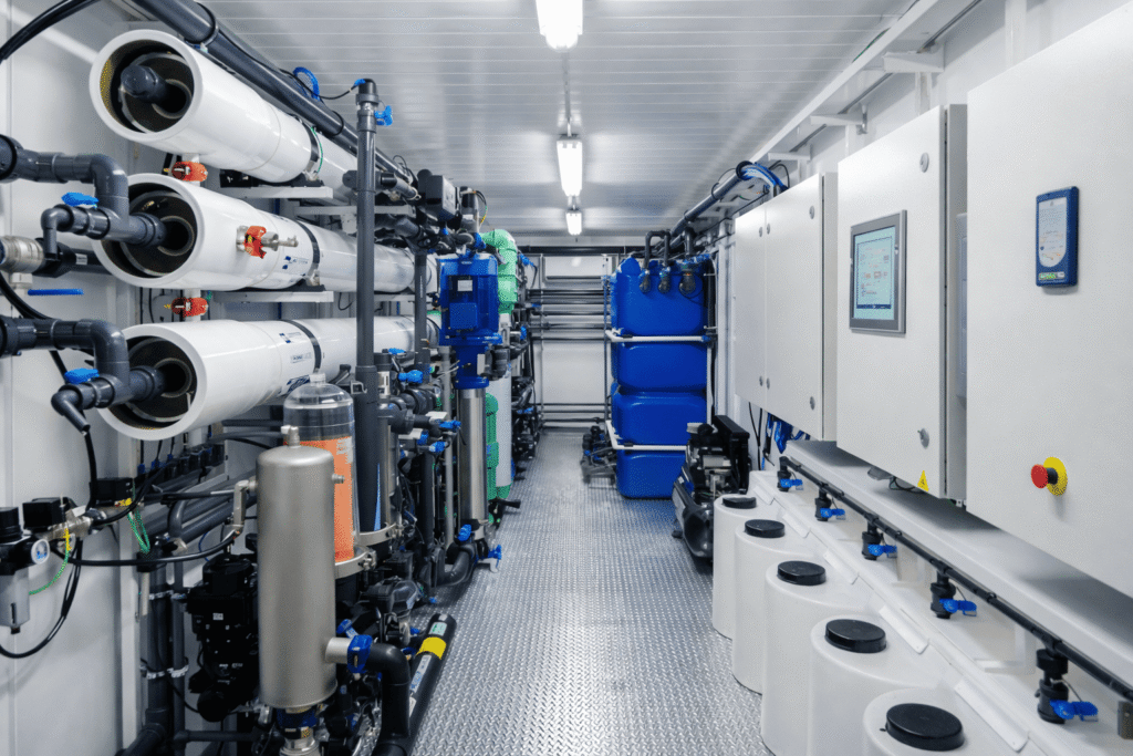 Sistema integrado de tratamento de lixiviado com ultrafiltração (UF), nanofiltração (NF) e osmose inversa (OI) instalado em unidade industrial containerizada.