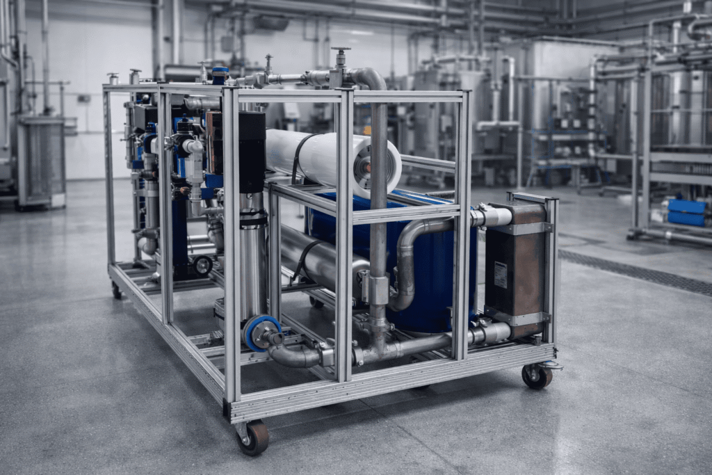 Sistema piloto de nanofiltração (NF) e osmose inversa (OI) montado em skid industrial para testes e validação de desempenho de membranas.