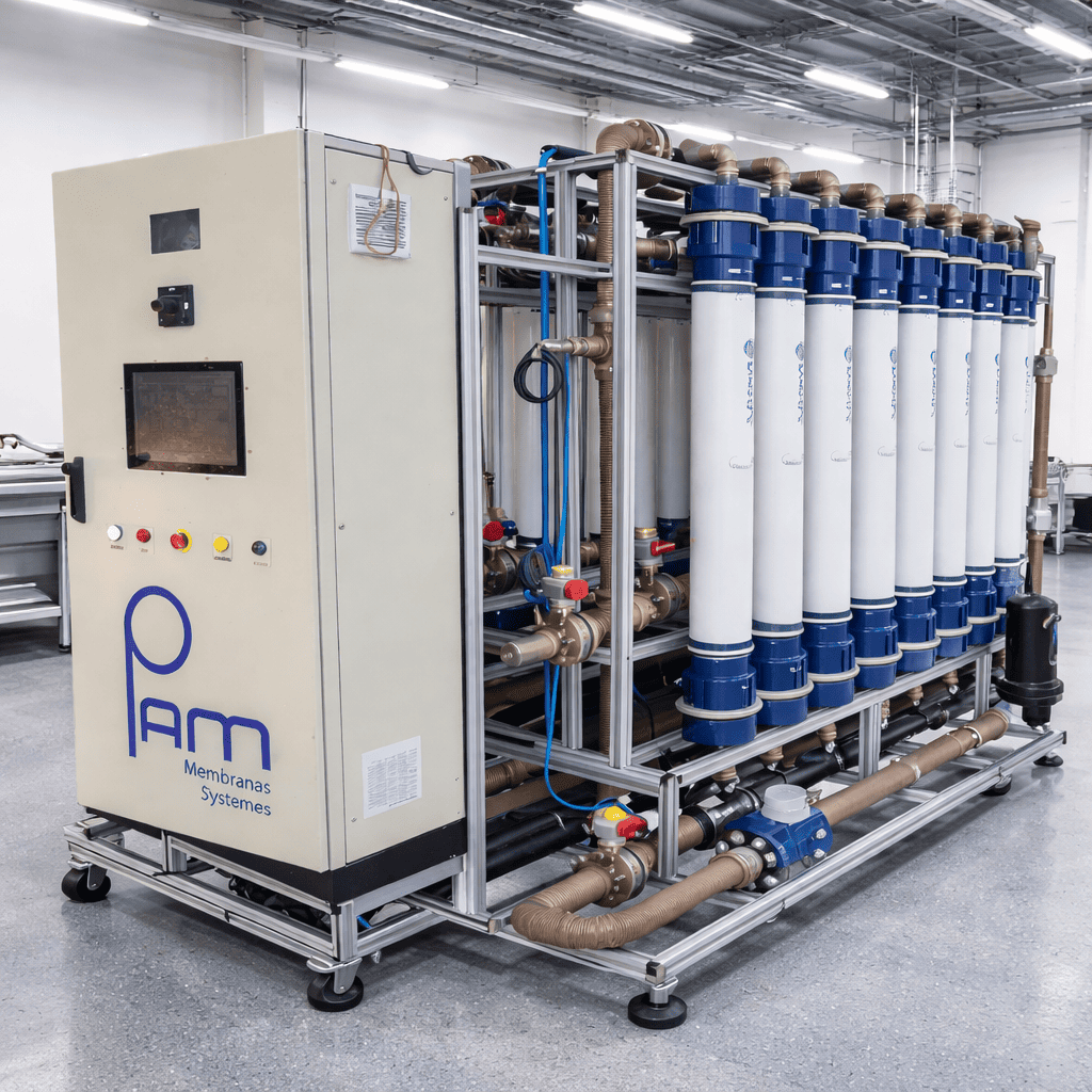 Unidade industrial de microfiltração e ultrafiltração MF UF montada em skid com módulos cilíndricos e painel de controle.