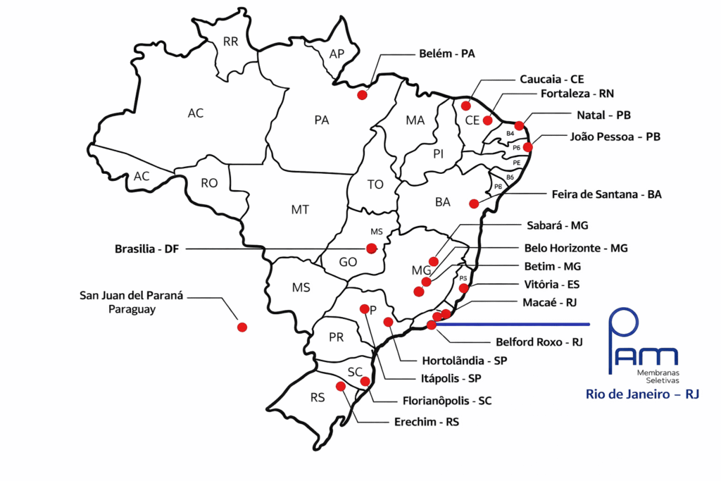 Mapa do Brasil com a presença nacional da PAM Membranas, indicando cidades com projetos e equipamentos instalados em sistemas de separação por membranas.